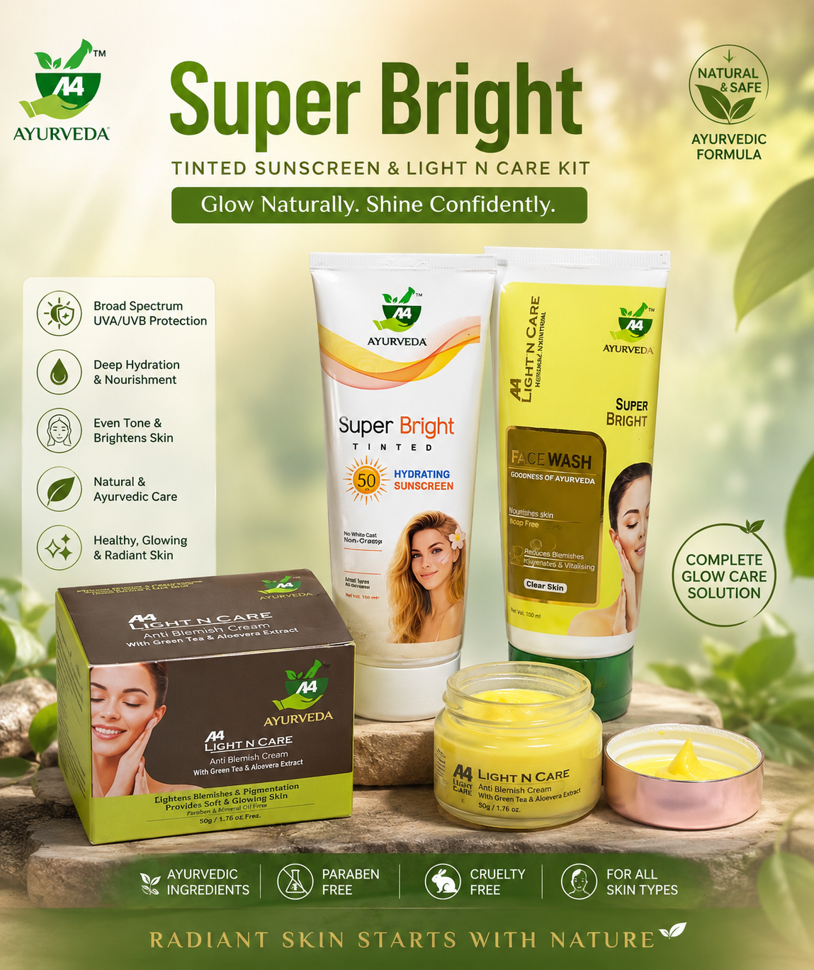 Light N Care Combo Kit (Cream+Face Wash+Sunscreen - Natural Ayurveda